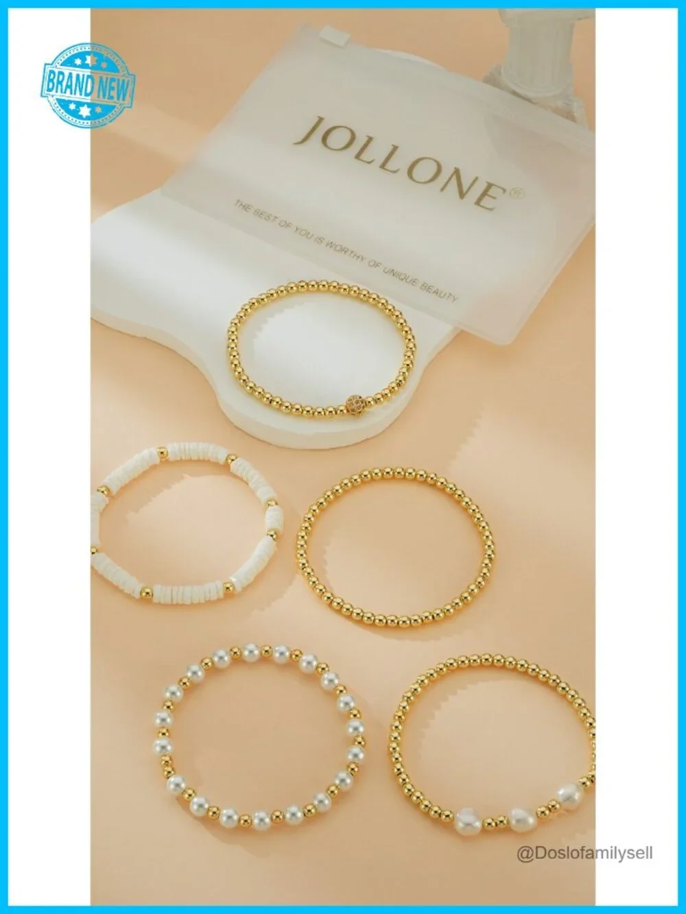 14K Gold Plated Stretch Bead Ball Bracelet Stack - 5pcs Pearl Beaded Bracelets